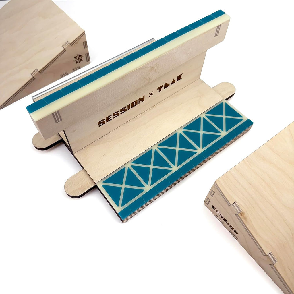 Teak Tuning x Session âThe Junctionâ Modular Wooden Fingerboard Ramp - 20 Inches Long - 2 Plain Kickers + Triple-Sided Rail/Ledge Block â Hand Made in USA - Fingerboard Obstacle