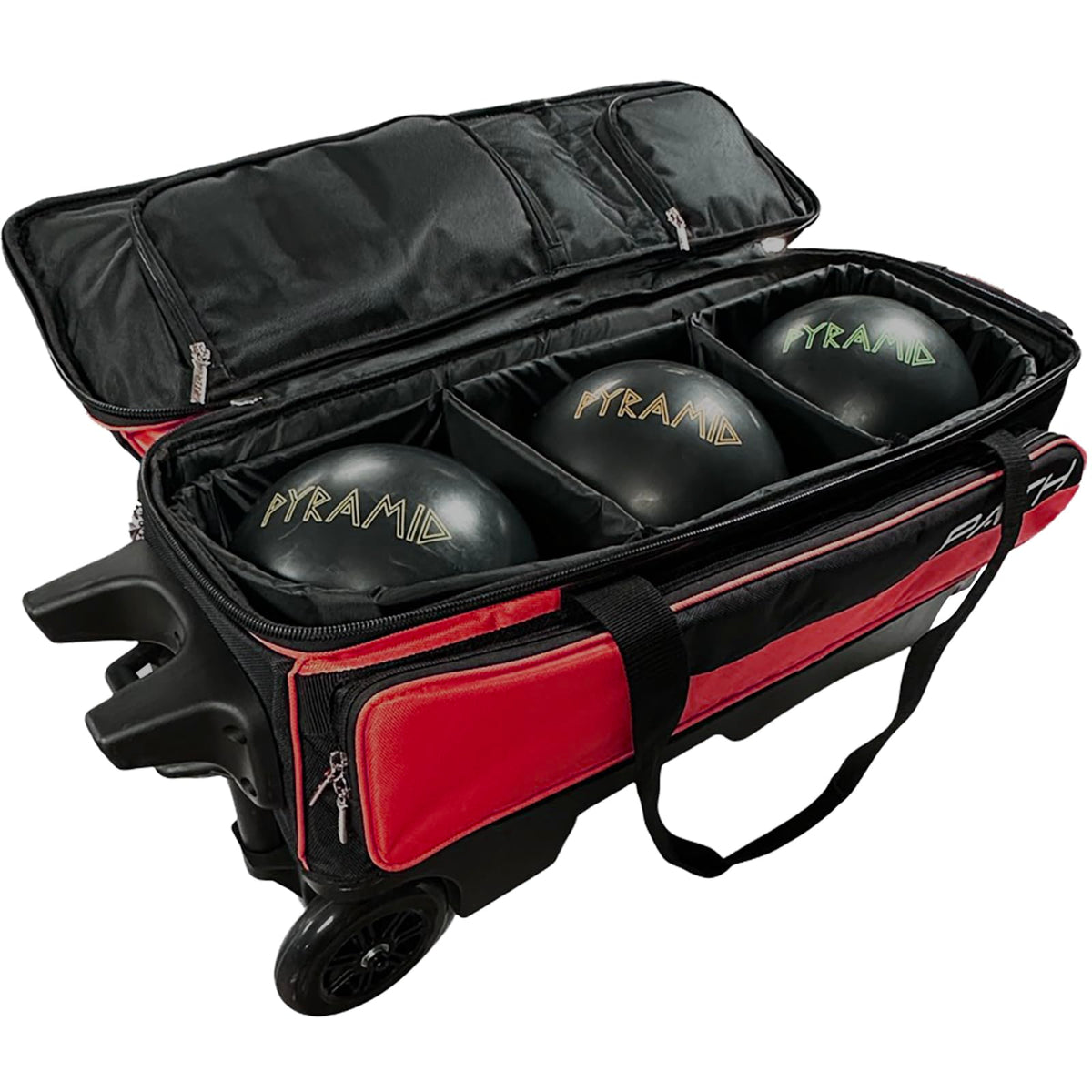 Pyramid Path Triple Premium Deluxe Roller Bowling Bag With Extra Large Separate Shoe Compartment (Up To US Mens Size 16) and 5 Accessory Pockets, 5" Wheels, Retractable Locking Handle - Extends to 42"