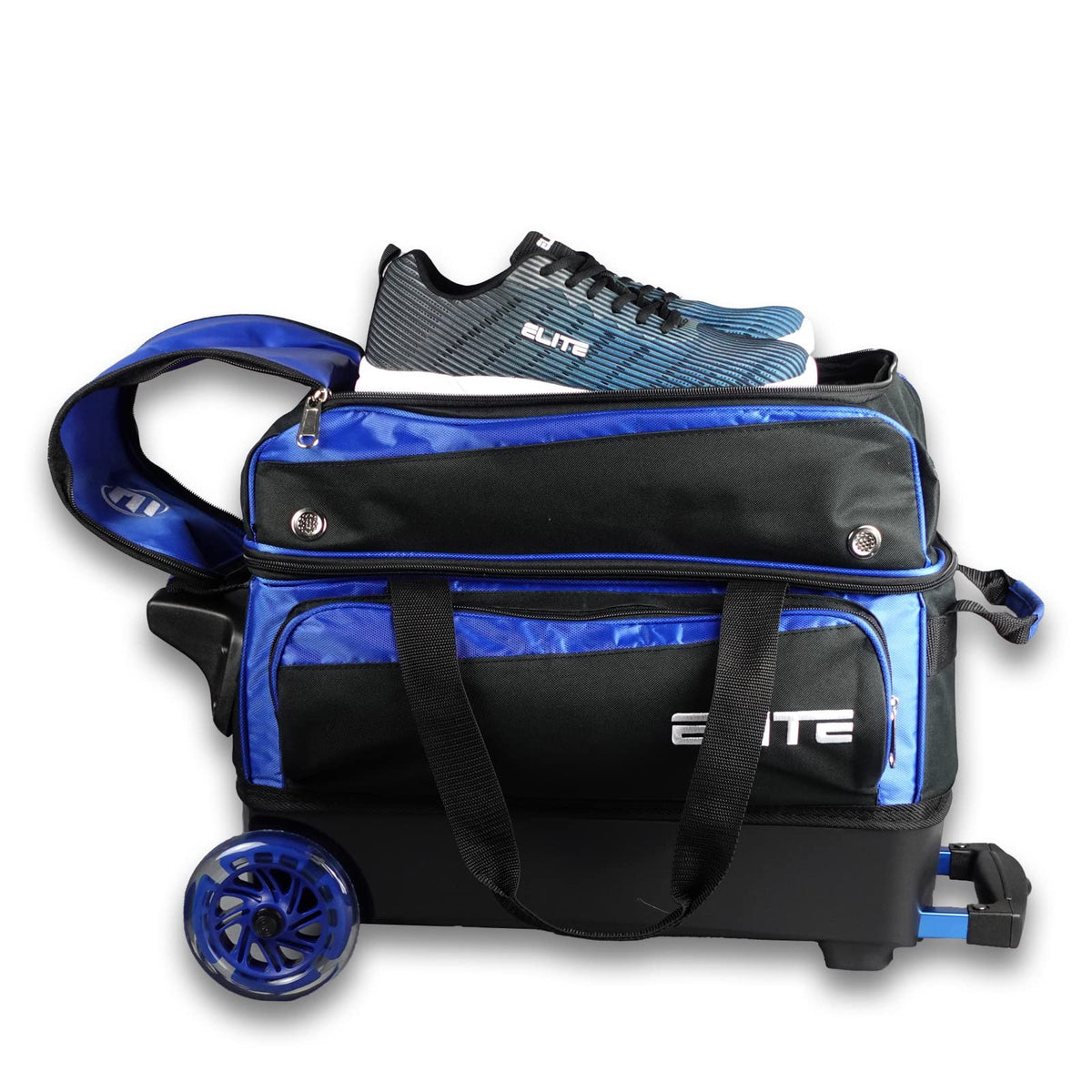 ELITE Deluxe 2 Ball Bowling Bag with 5" Smooth Wheels - Large Accessory Pocket, Shoe Compartment, 36" Extendable Handle