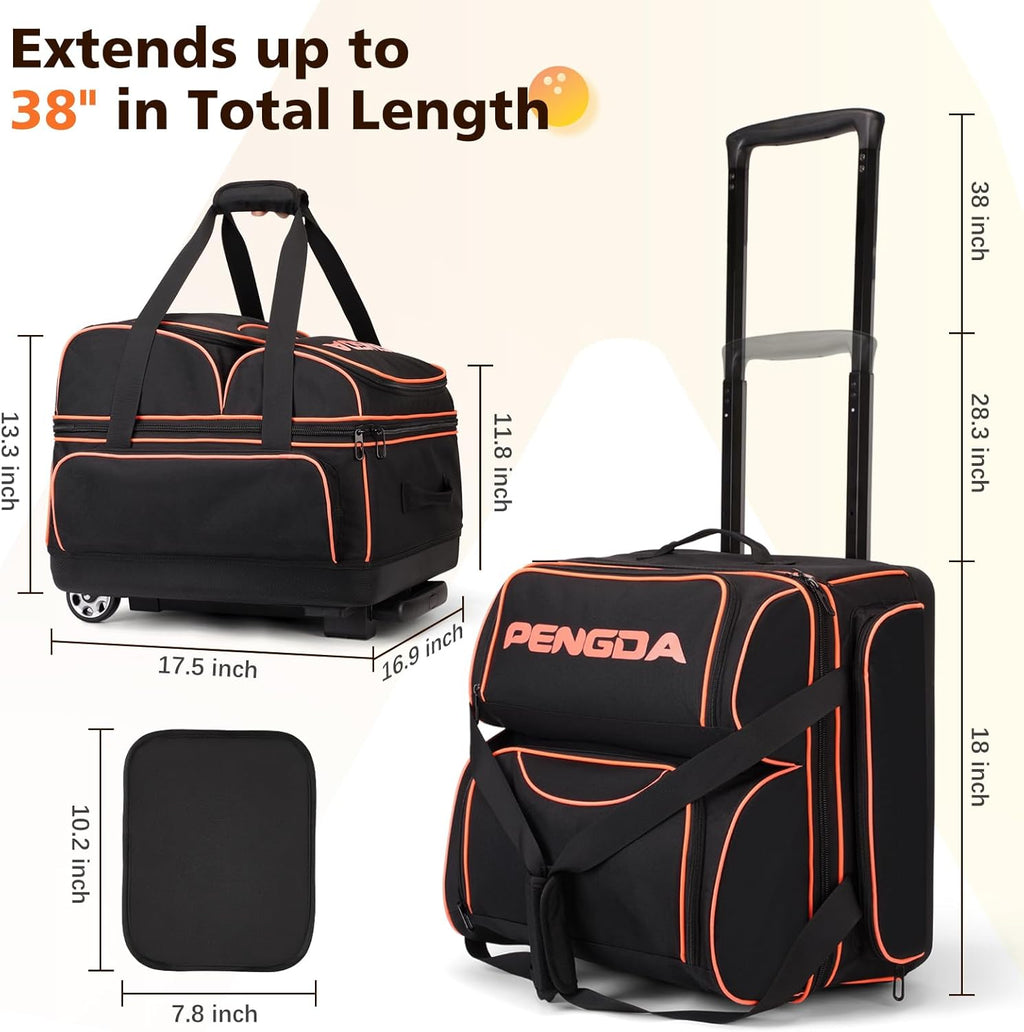 PENGDA 4 Ball Bowling Bag With Wheels, Integrated Single-Chamber 4-Ball System, 900D Reinforced Oxford Bowling Ball Bag, Telescopic Handle Roller Tote Storage Bag for Bowling Accessories and shoes