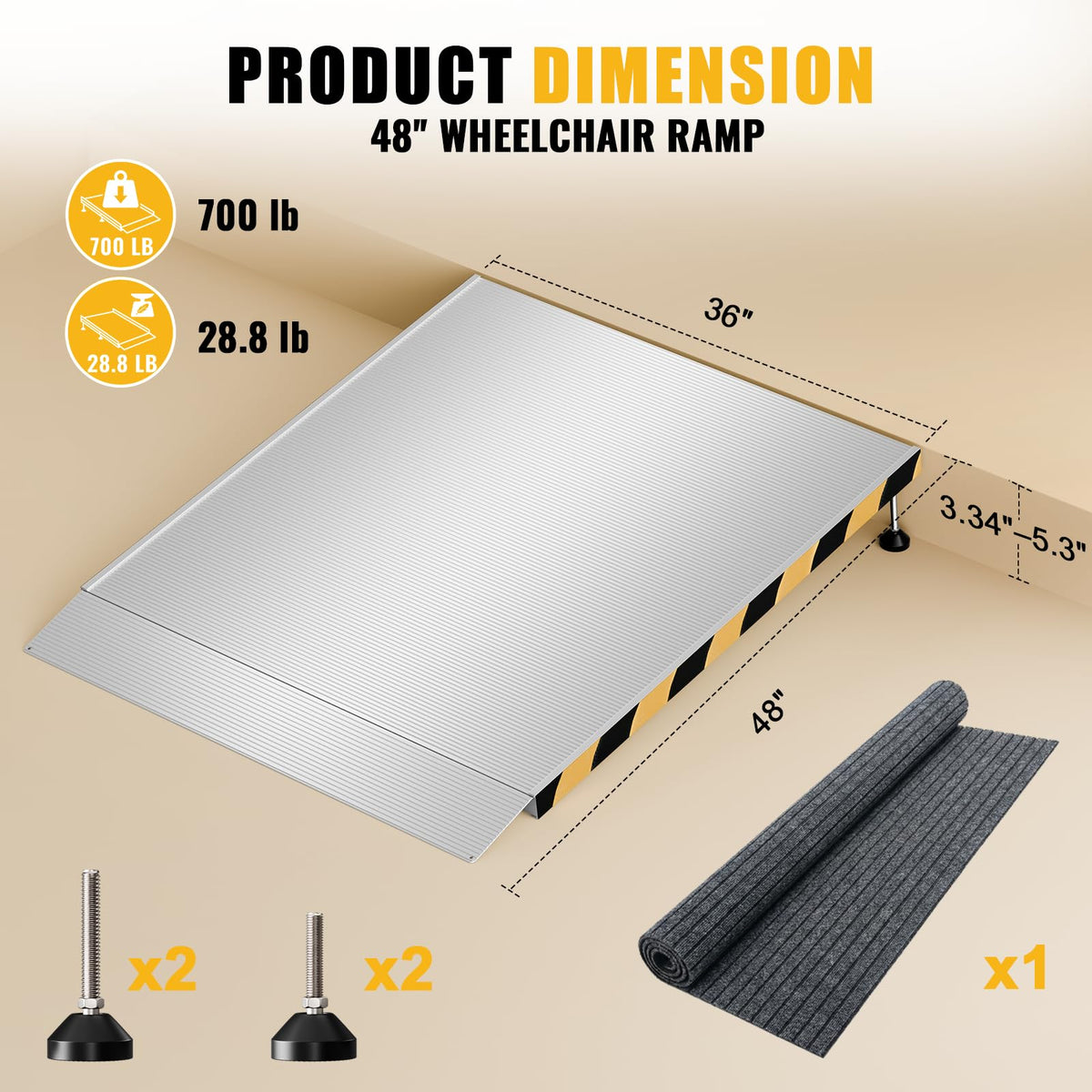 Aluminum Threshold Ramp for Doorways, 48" Ã 36" Wheelchair Ramp for Home, Adjustable for 3.3"â9.2" Step & Threshold Heights, 1000 lb Capacity, Non-Slip Surface, Foldable, for Single Step Entryways