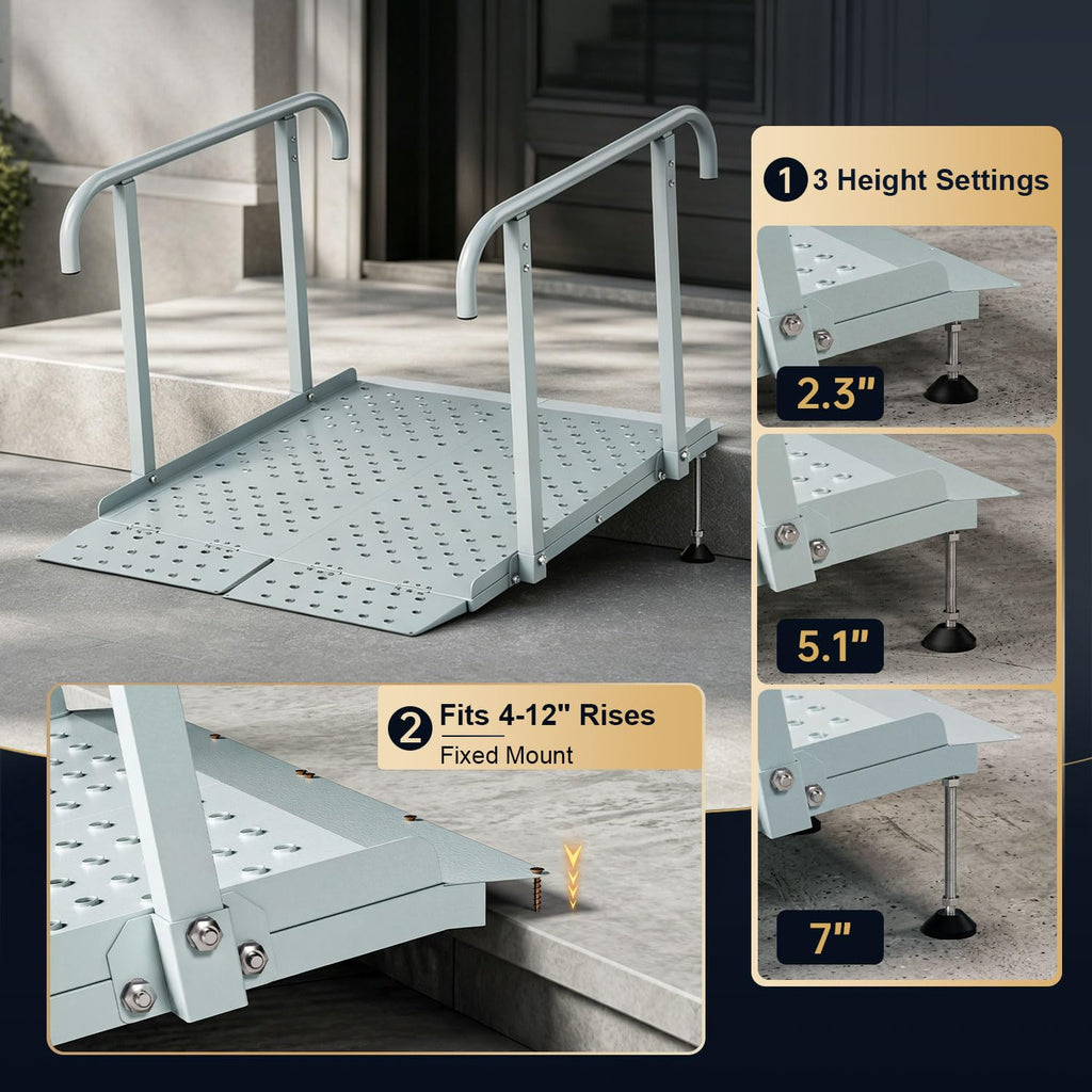 RDCMKL Wheelchair Ramp with Handrails, 3-10" Rise, Non-Slip, Carbon Steel