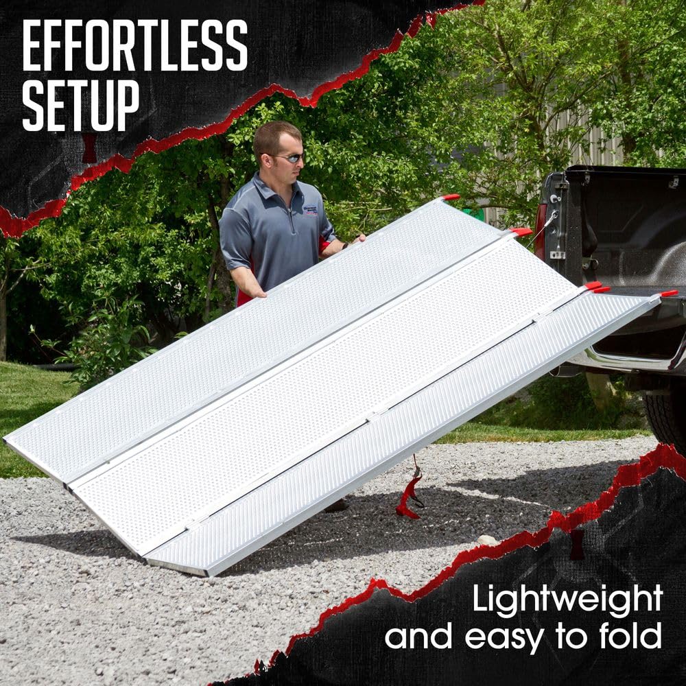 Black Widow Extra Wide Punch Plate Aluminum Folding ATV Ramp, 1,500 Pound Capacity, 7' 10", Silver - Heavy Duty Truck Loading Ramp Accessories