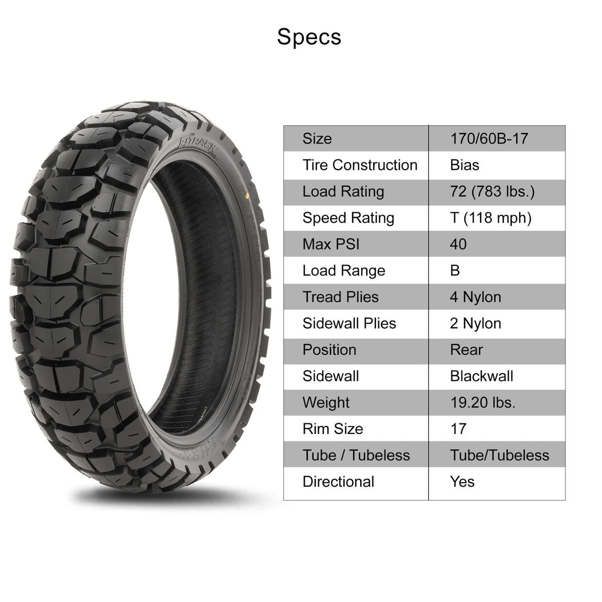 Tusk 2Track Adventure Tire Rear 150/70B-18 (70T) â Dual-Sport Motorcycle Tire, Directional Knobby Tread, Durable Bias Construction, DOT Compliant