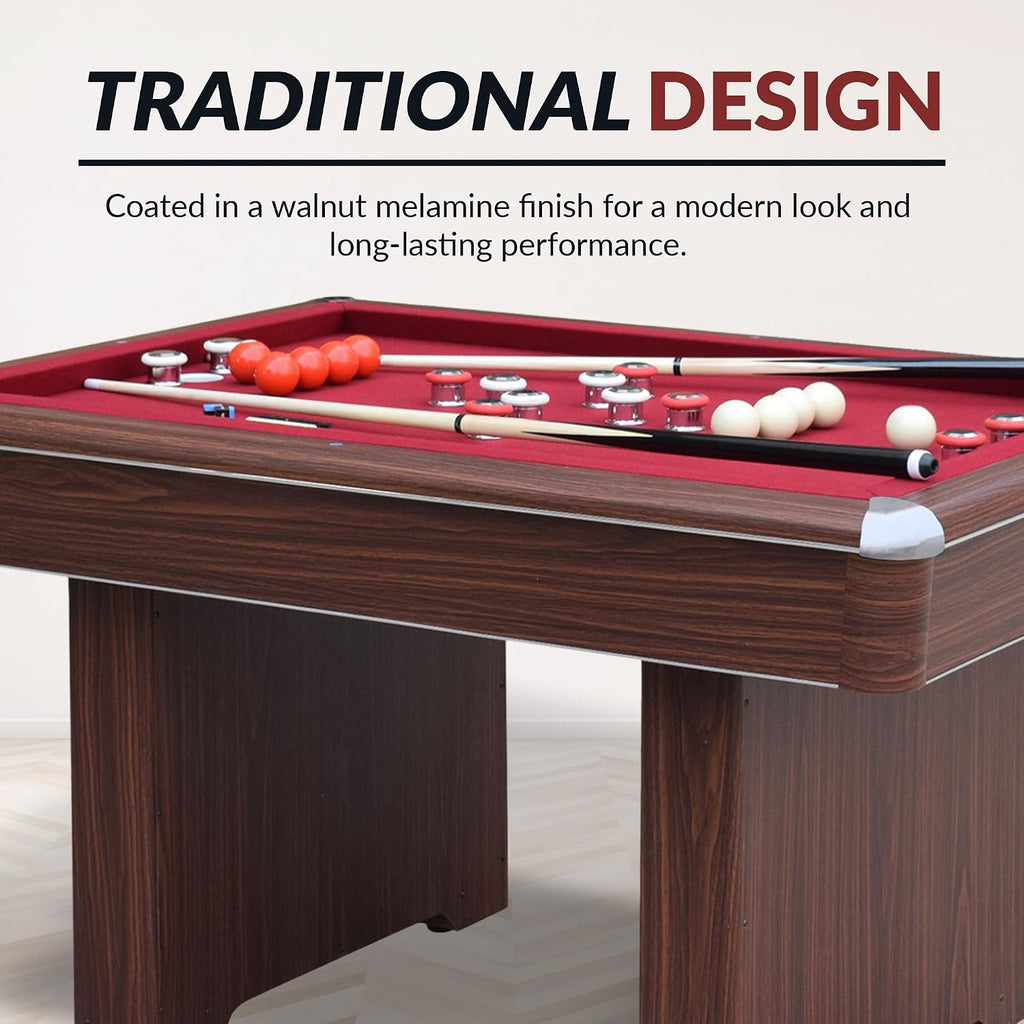 Hathaway Renegade II 54-in Bumper Pool Table for Game Room â 3 in 1 Game Table with Reversible Top & Ball Return System â Includes Cues, Balls, Chalk, Brush & Cards â Red Felt with Walnut Finish