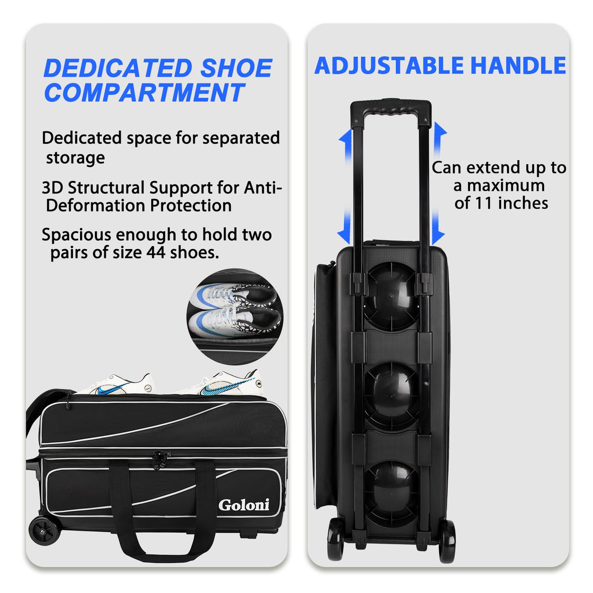 Goloni 3 Ball Bowling Bag with Wheels, Rolling Bowling Roller Bag with Retractable Handle for Balls & Bowling Accessories