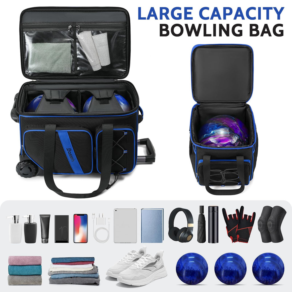 BOSSTIN 3 Ball Bowling Bag with Wheels, 2 Ball Roller with Add-on Tote