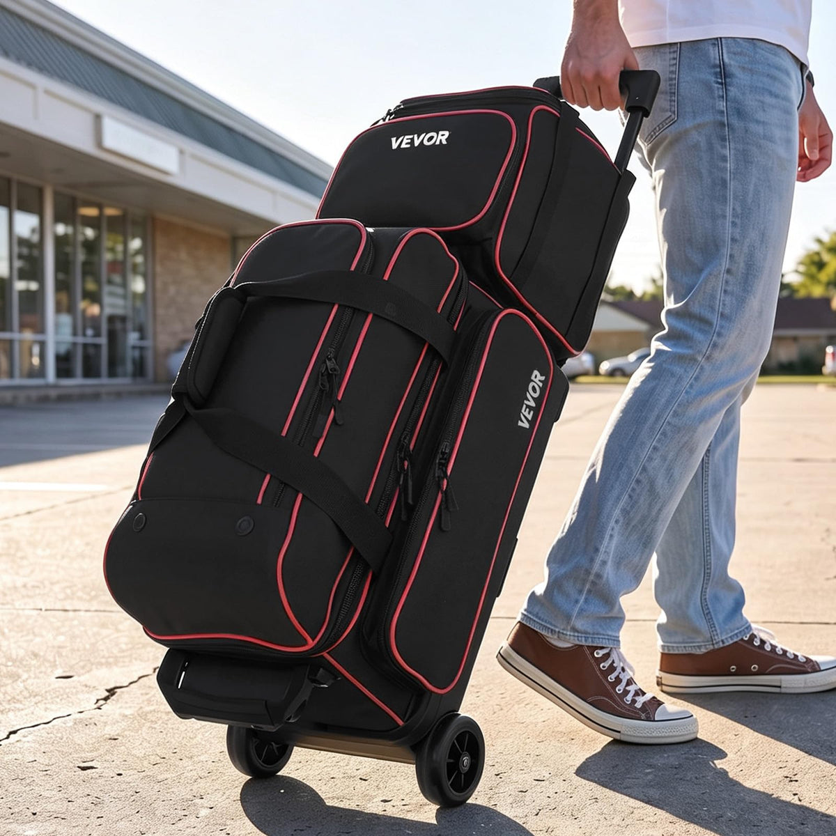 VEVOR 3 Ball Bowling Bag Double Roller Bag with Separate Shoe Compartment