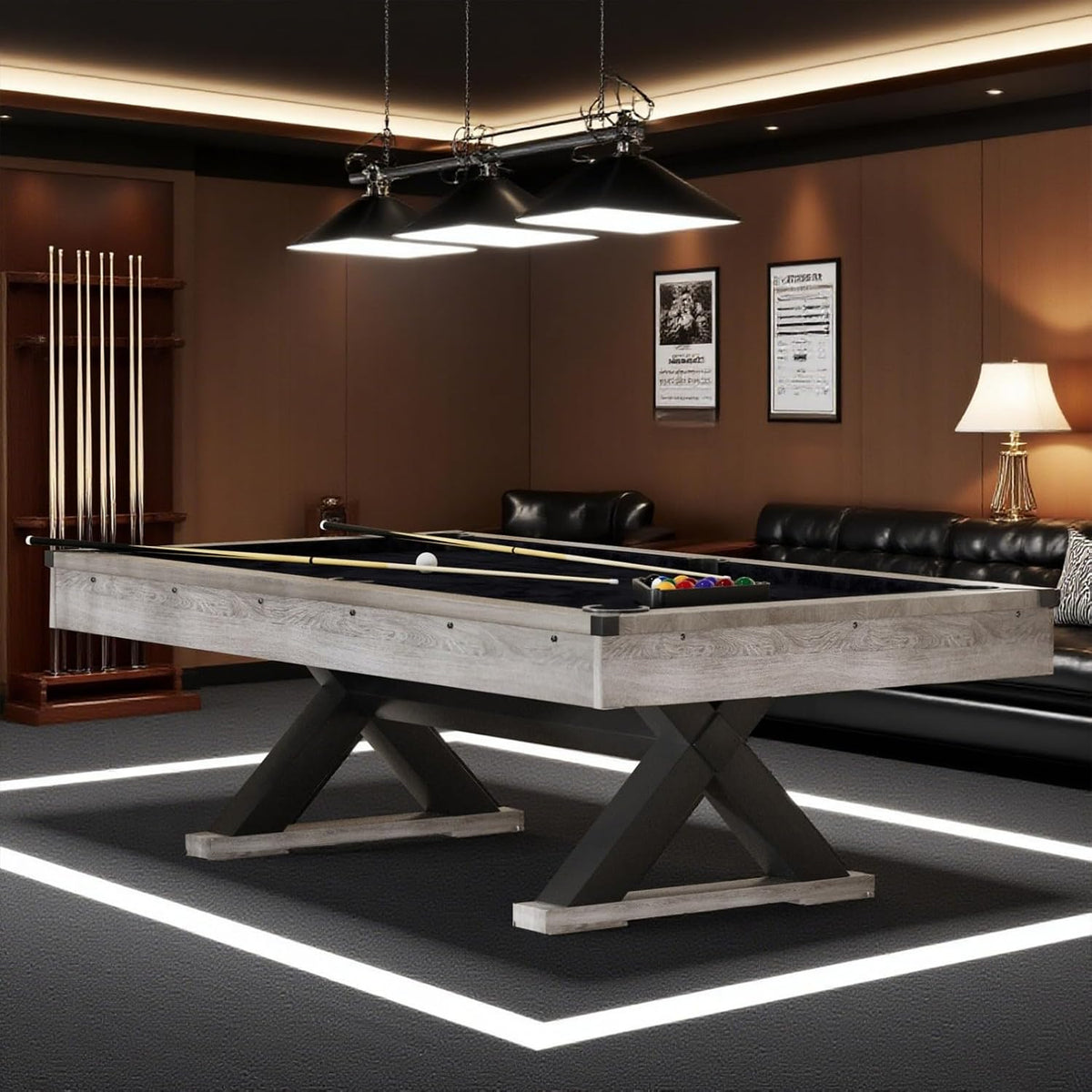 84" Rustic Grey Pool Table with X-Shaped Legs and Black Cloth â Includes Billiard Balls, Cues, and Accessories for Game Room & Home Entertainment (Grey Finish)