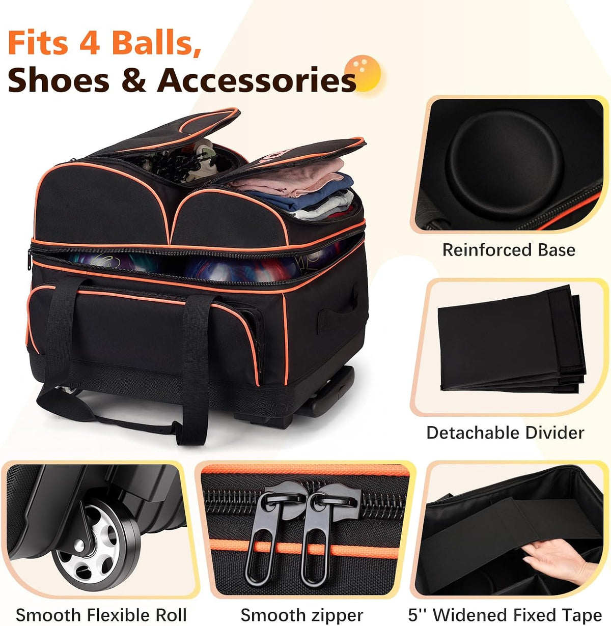 PENGDA 4 Ball Bowling Bag With Wheels, Integrated Single-Chamber 4-Ball System, 900D Reinforced Oxford Bowling Ball Bag, Telescopic Handle Roller Tote Storage Bag for Bowling Accessories and shoes