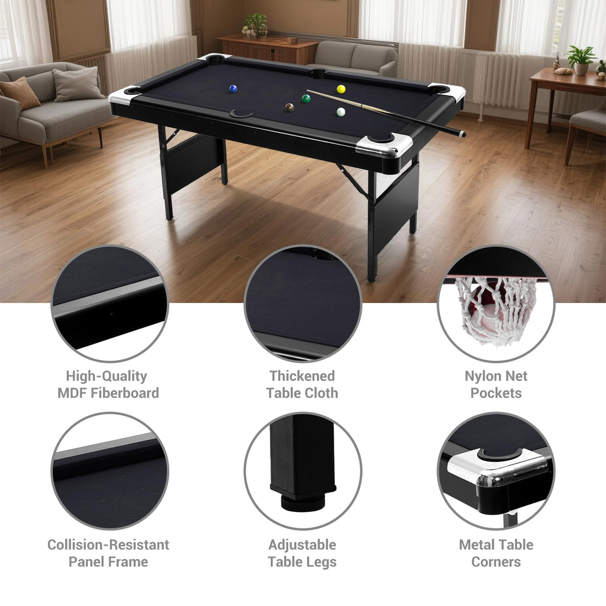 7 Foot Pool Table for Family, Foldable No Assembly Pool Table with Balls, Cues, Chalk, Rack & Brush, Portable Billiards Game Table for Apartment, Basement, Office & Game Room