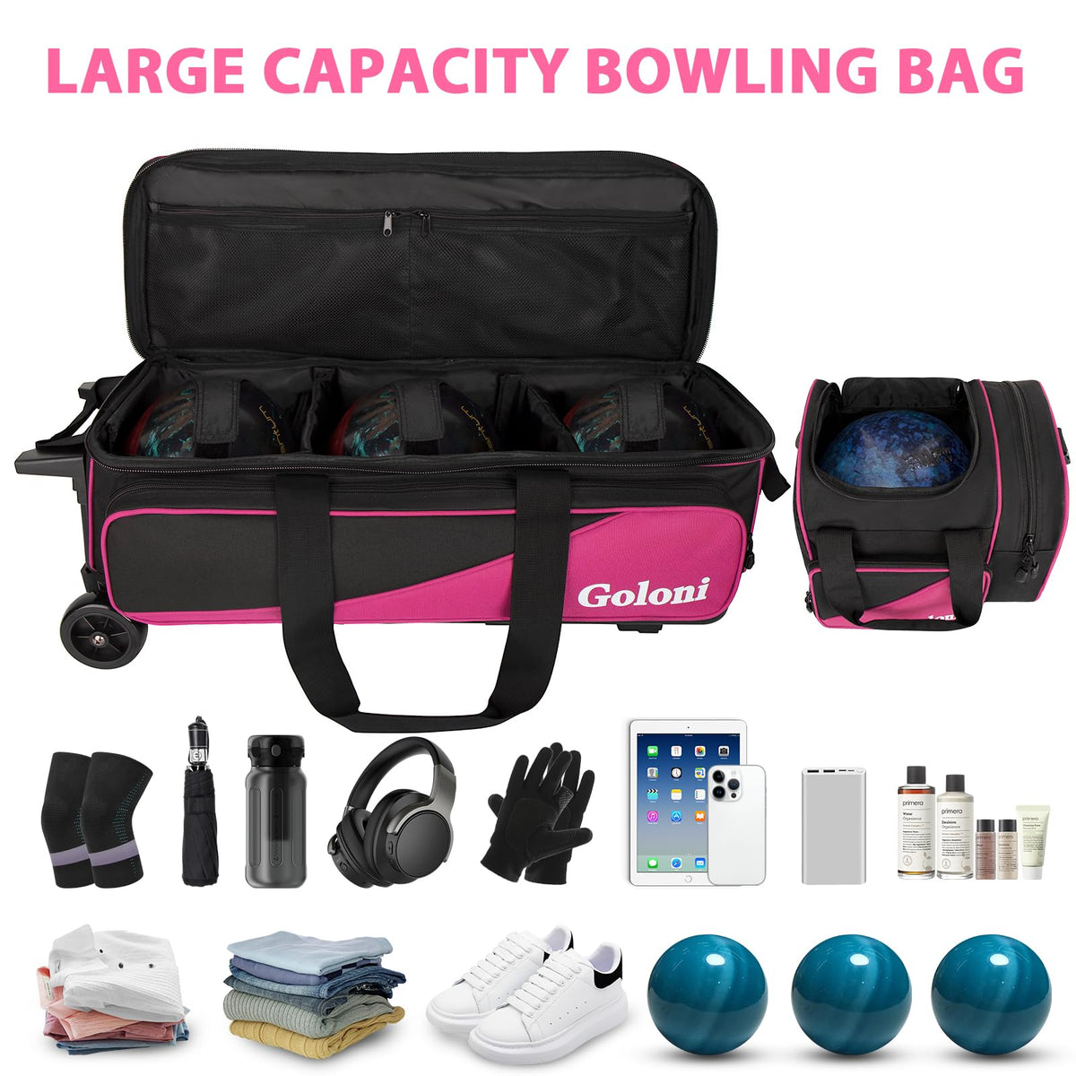 Goloni 3 Ball Bowling Bag with Wheels, Rolling Bowling Roller Bag with Retractable Handle for Balls & Bowling Accessories