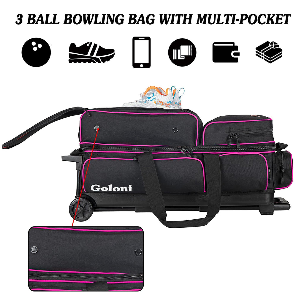 Goloni 3 Ball Bowling Bags with Wheels,Rolling Bowling Ball Bag for 3 Bowling Balls & Bowling Accessories -Retractable Handle Extends to 38"