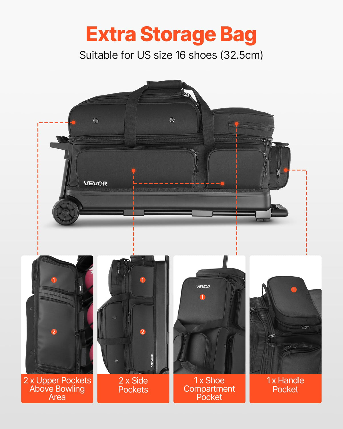 VEVOR Bowling Ball Bag, 3 Ball Double Roller Bowling Bag with Wheels, Featuring a Separate Compartment for Shoes (Up To US Size 16) & Oversized Accessory Pocket, Retractable Handle Extends to 41.34 in