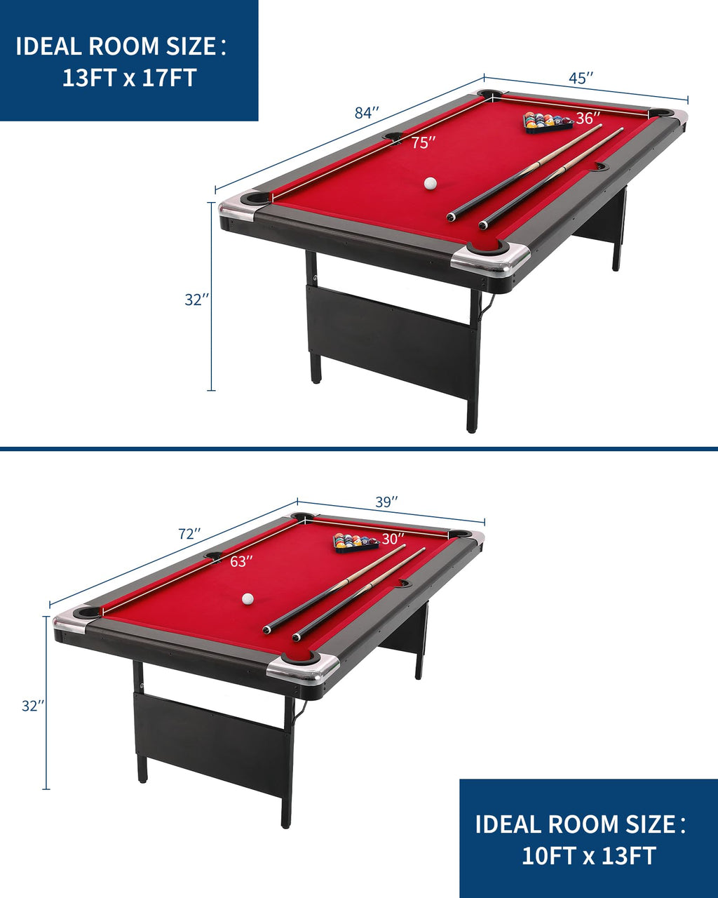 7 Foot Pool Table for Family, Foldable No Assembly Pool Table with Balls, Cues, Chalk, Rack & Brush, Portable Billiards Game Table for Apartment, Basement, Office & Game Room