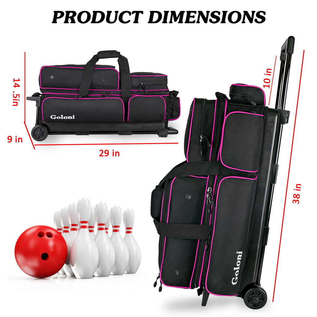 Goloni 3 Ball Bowling Bags with Wheels,Rolling Bowling Ball Bag for 3 Bowling Balls & Bowling Accessories -Retractable Handle Extends to 38"