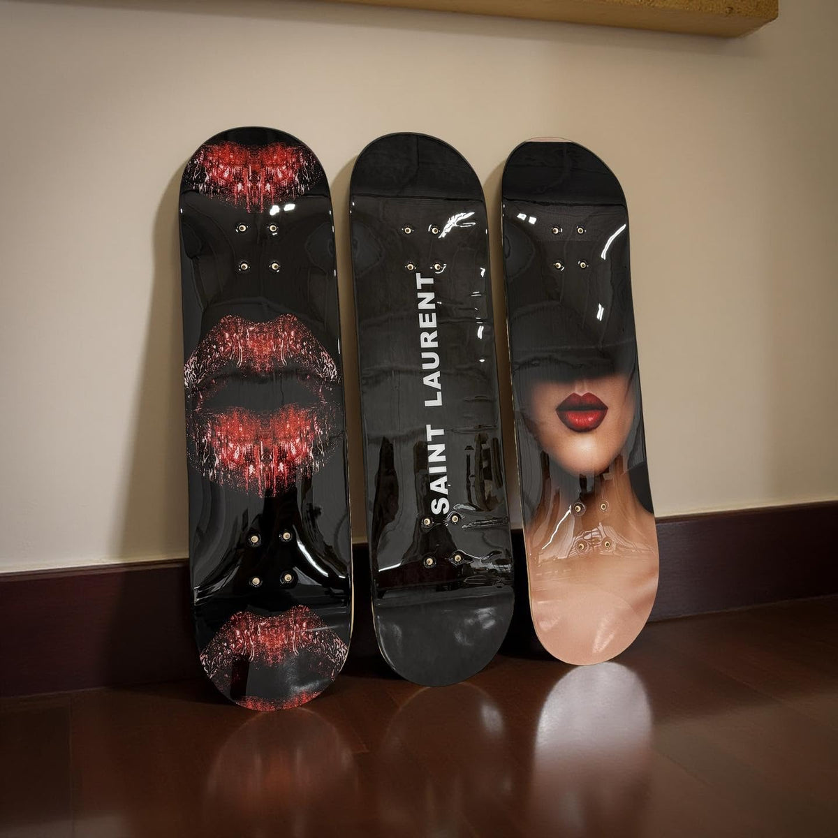 BDTrims 3 Pack Designer-Influenced Pop Art Skateboard Deck Set, Black White and Leopard Print, Premium 7-Ply Maple, Wall Decor, Customization Available