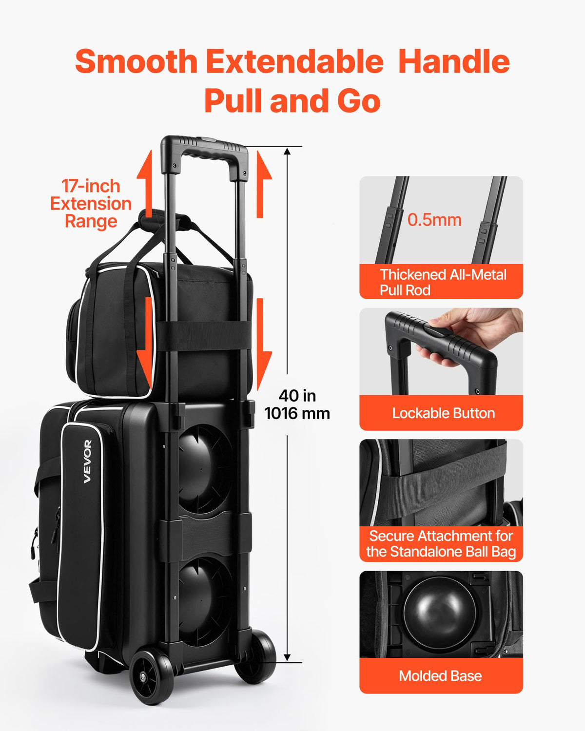 VEVOR 3 Ball Bowling Bag Double Roller Bag with Separate Shoe Compartment
