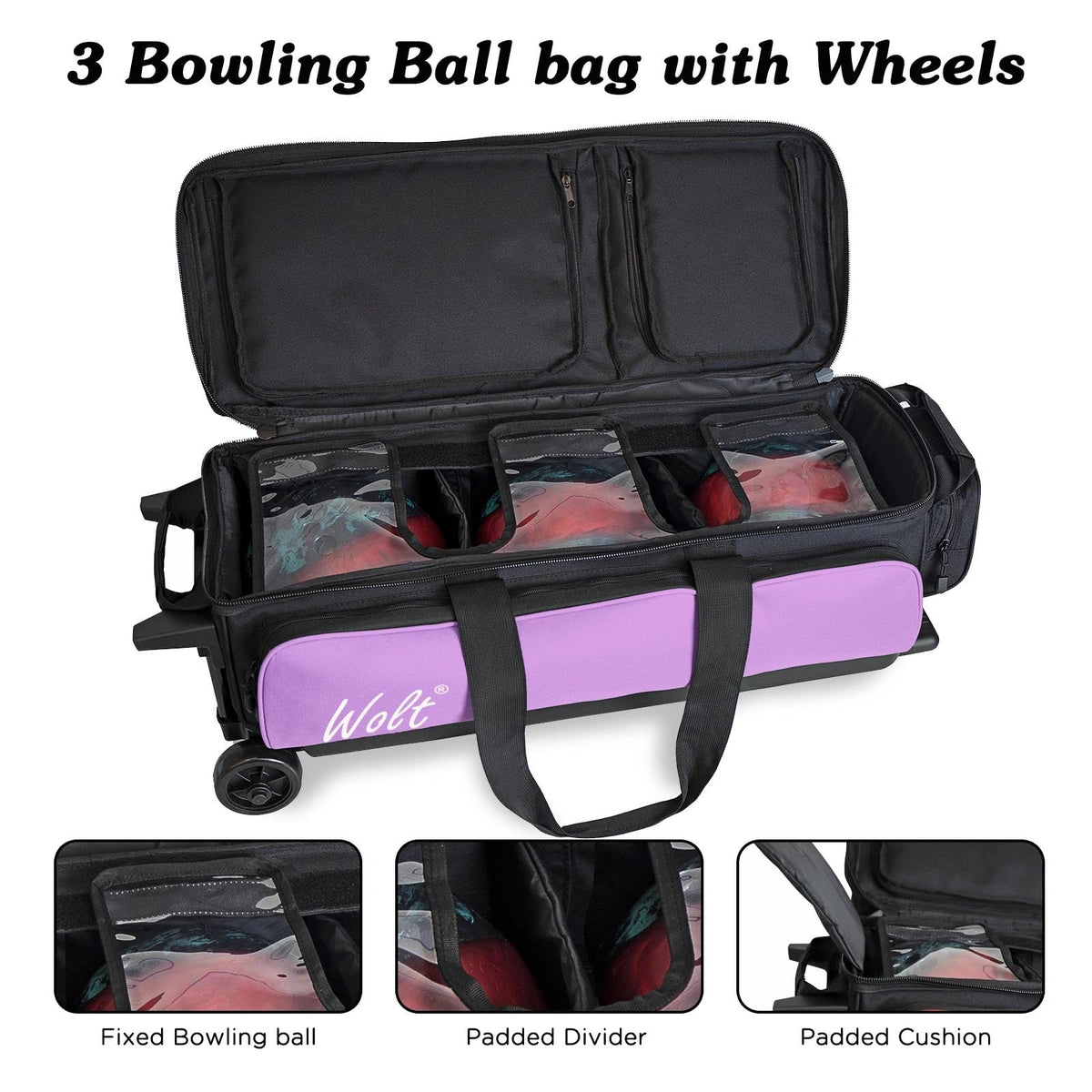 WOLT 3 Ball Bowling Bags with Wheels,Retractable Handle Extends to 38ââ