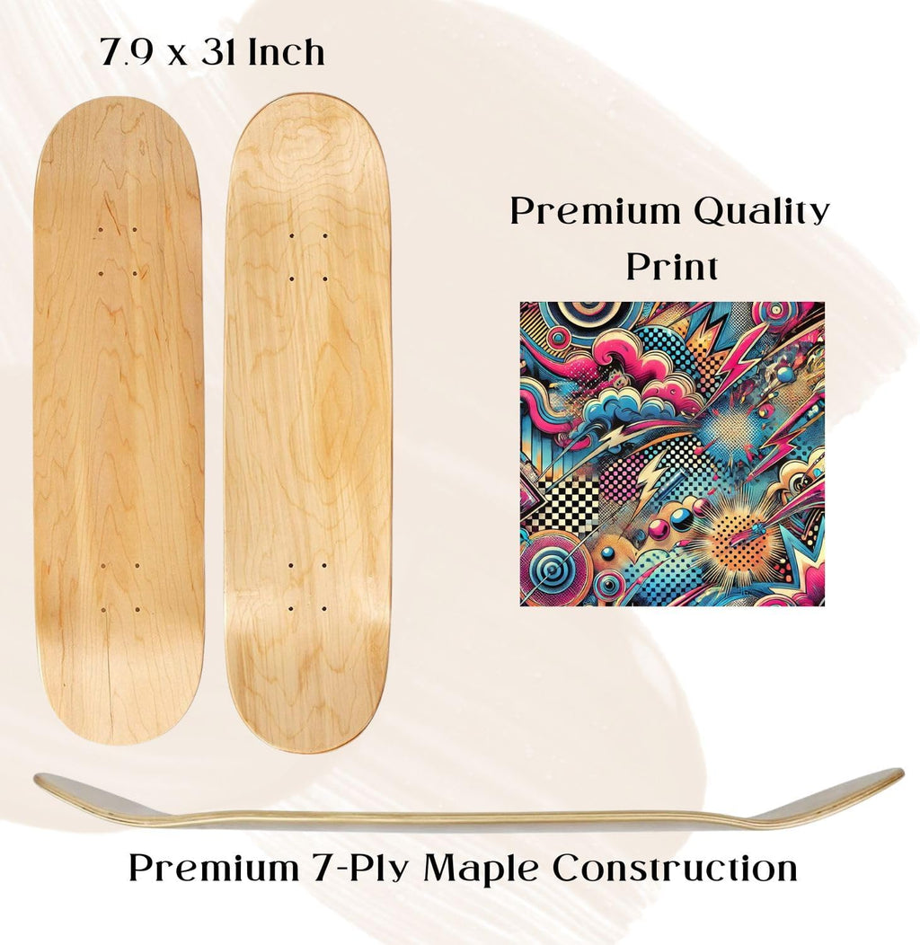 BDTrims 3 Pack Designer-Influenced Pop Art Skateboard Deck Set, Black White and Leopard Print, Premium 7-Ply Maple, Wall Decor, Customization Available