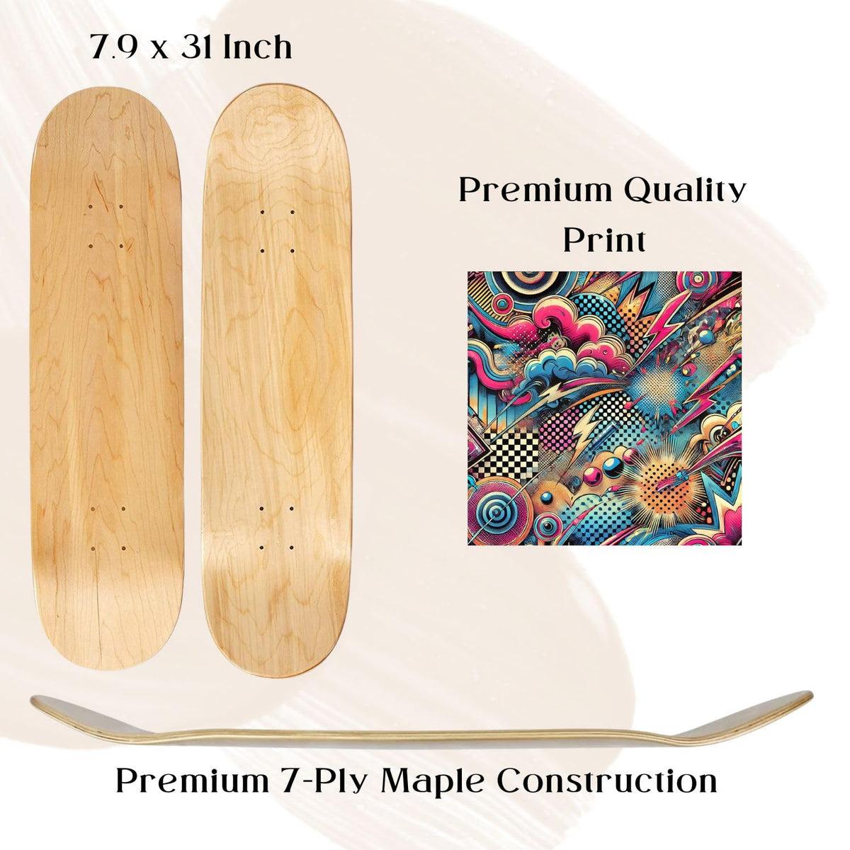 BDTrims 3 Pack Designer-Influenced Pop Art Skateboard Deck Set, Black White and Leopard Print, Premium 7-Ply Maple, Wall Decor, Customization Available