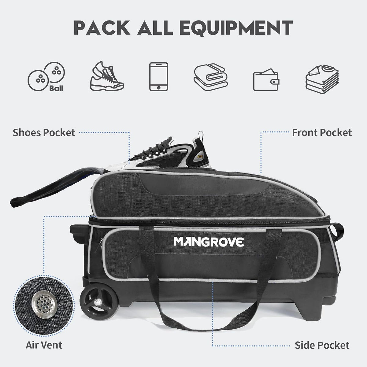 Mangrove 3 Ball Bowling Bag with Wheels/Shoe Compartment/Reinforced Base