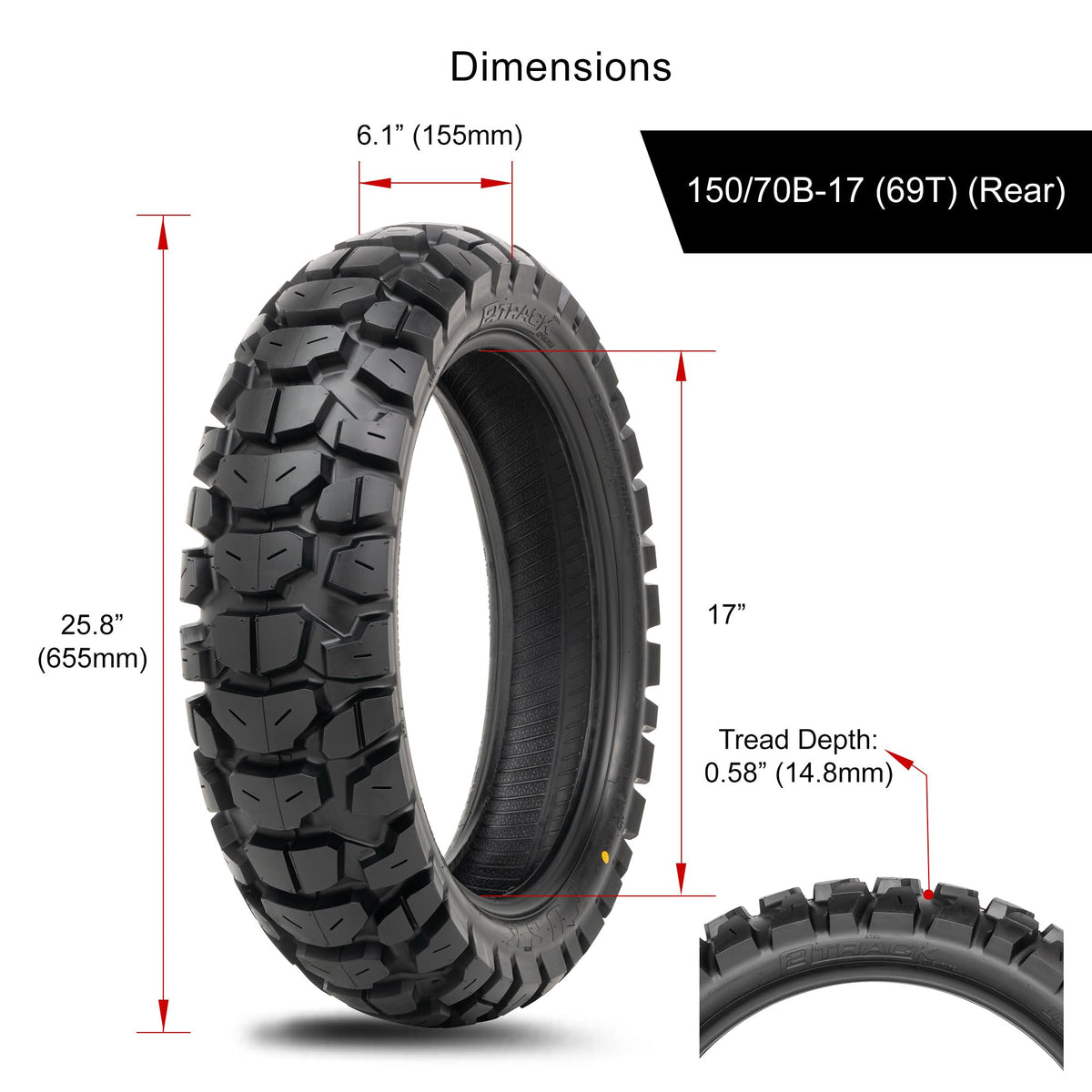 Tusk 2Track Adventure Tire Rear 150/70B-18 (70T) â Dual-Sport Motorcycle Tire, Directional Knobby Tread, Durable Bias Construction, DOT Compliant