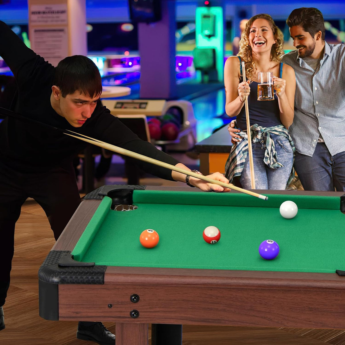 GYMAX Pool Table, 48 Inch Wooden Billiard Tables with 16 Balls, 2 Cue Sticks, 2 Chalks and Brush, Snooker Table Mini Pool Table for Kids, Family, Party