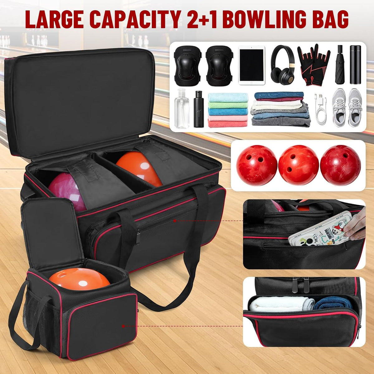 3 Ball Bowling Bag with Wheels,Bowling Bag 2 Ball Roller +1 Ball Tote,Large Sturdy Wheels,Dry & Wet Separation Shoe Compartment,1680D Waterproof Oxford,Retractable Handle,Includes Bowling Ball Towel