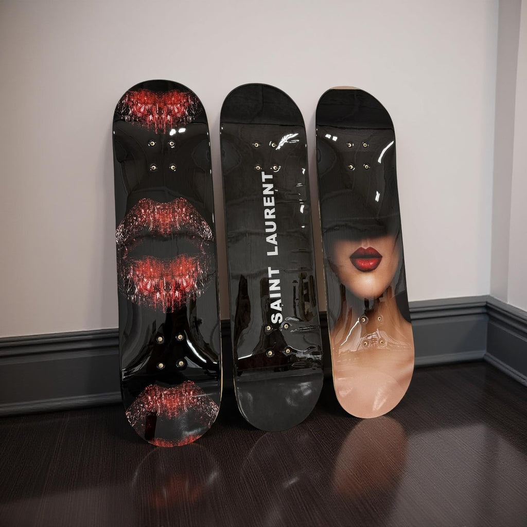 BDTrims 3 Pack Designer-Influenced Pop Art Skateboard Deck Set, Black White and Leopard Print, Premium 7-Ply Maple, Wall Decor, Customization Available