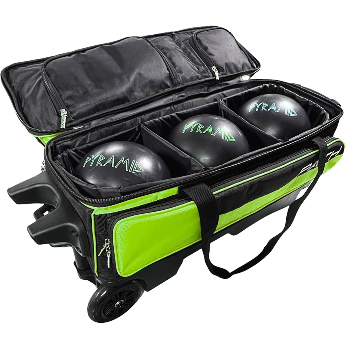 Pyramid Path Triple Premium Deluxe Roller Bowling Bag With Extra Large Separate Shoe Compartment (Up To US Mens Size 16) and 5 Accessory Pockets, 5" Wheels, Retractable Locking Handle - Extends to 42"