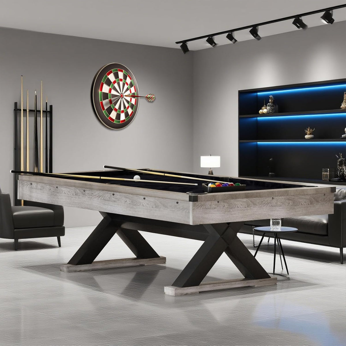 84" Rustic Grey Pool Table with X-Shaped Legs and Black Cloth â Includes Billiard Balls, Cues, and Accessories for Game Room & Home Entertainment (Grey Finish)
