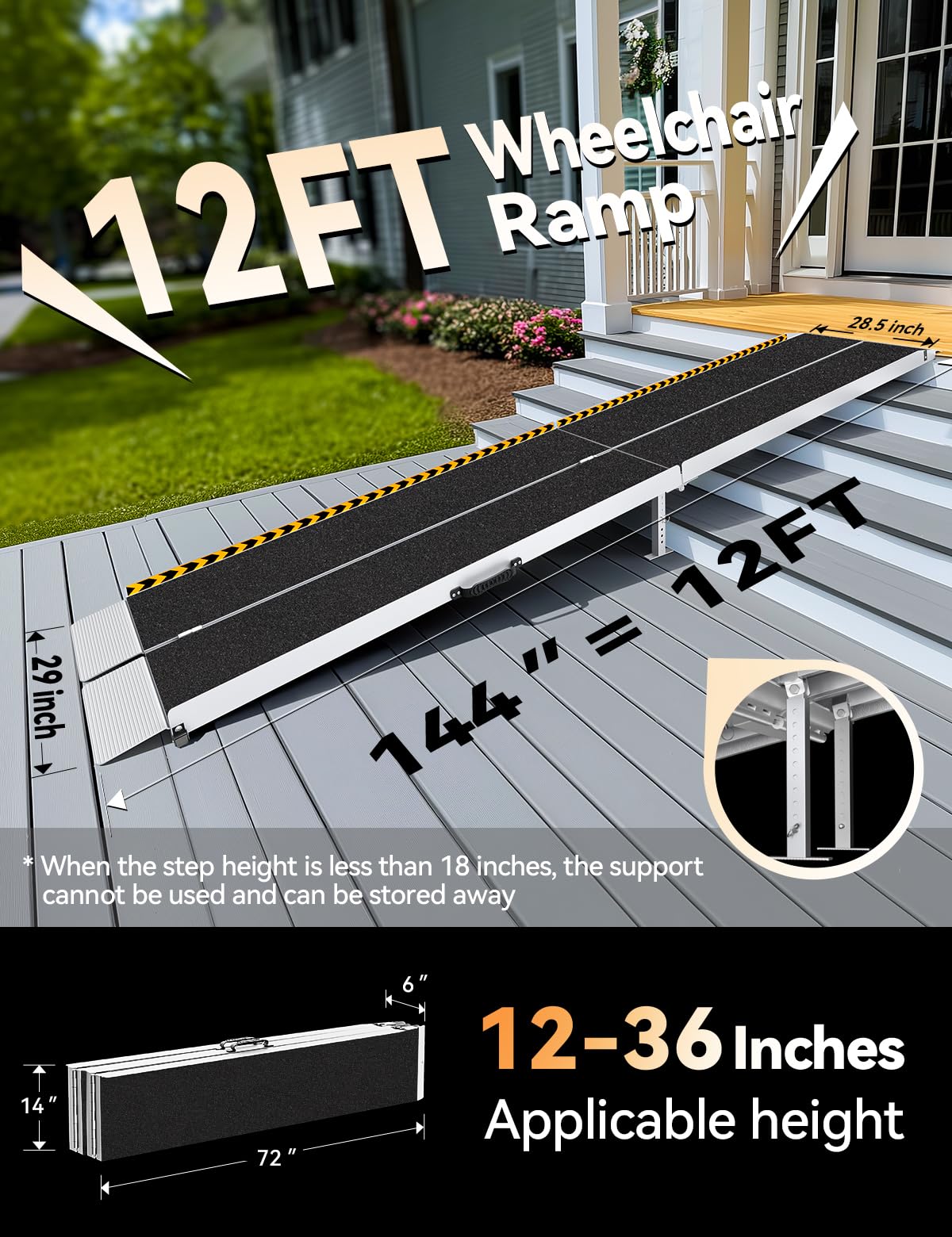 FACHNUO Black Aluminum 3FT Wheelchair Ramp, All-Weather Use, Easy to Clean