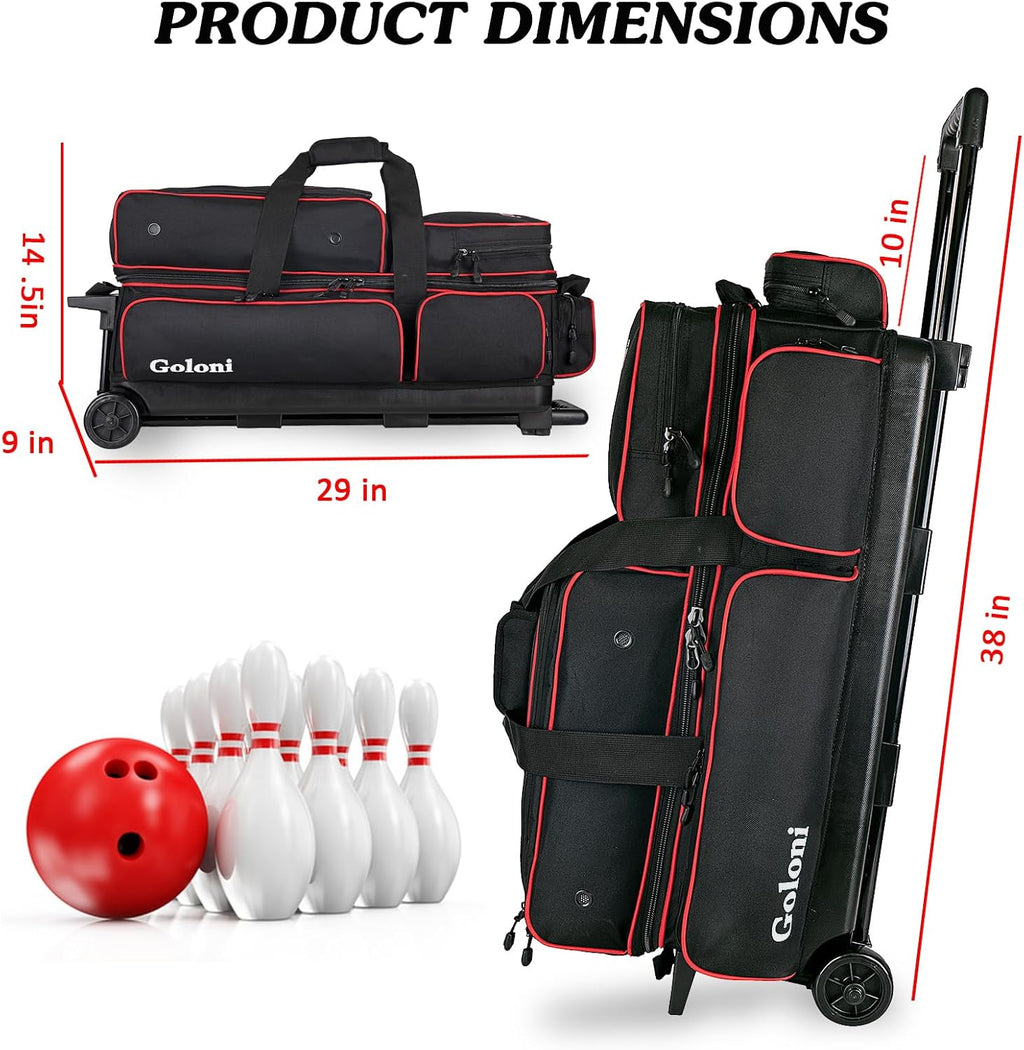 Goloni 3 Ball Bowling Bags with Wheels,Rolling Bowling Ball Bag for 3 Bowling Balls & Bowling Accessories -Retractable Handle Extends to 38"