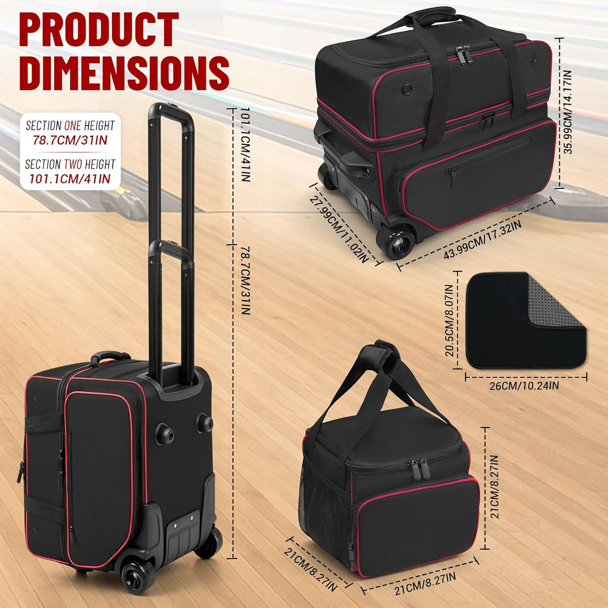 3 Ball Bowling Bag with Wheels,Bowling Bag 2 Ball Roller +1 Ball Tote,Large Sturdy Wheels,Dry & Wet Separation Shoe Compartment,1680D Waterproof Oxford,Retractable Handle,Includes Bowling Ball Towel