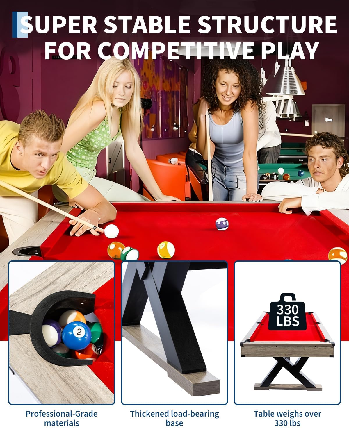 7 ft Pool Table Set, 84in Bar-Size Billiard Table w/Metal Support