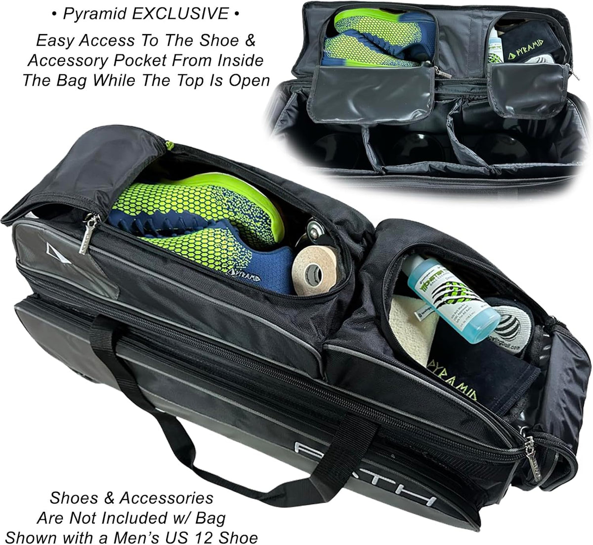 Pyramid Path Triple Premium Deluxe Roller Bowling Bag With Extra Large Separate Shoe Compartment (Up To US Mens Size 16) and 5 Accessory Pockets, 5" Wheels, Retractable Locking Handle - Extends to 42"