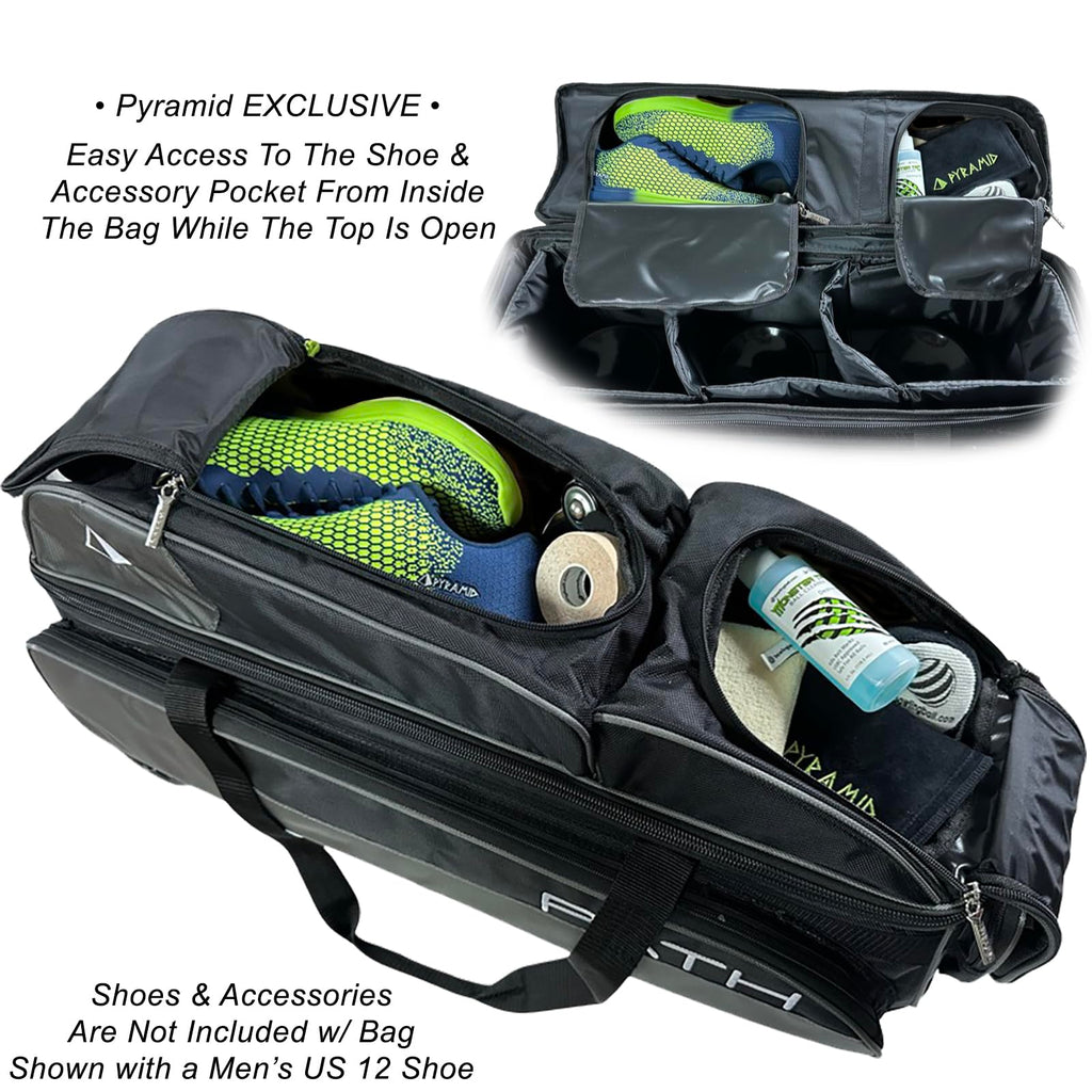 Pyramid Path Triple Premium Deluxe Roller Bowling Bag With Extra Large Separate Shoe Compartment (Up To US Mens Size 16) and 5 Accessory Pockets, 5" Wheels, Retractable Locking Handle - Extends to 42"
