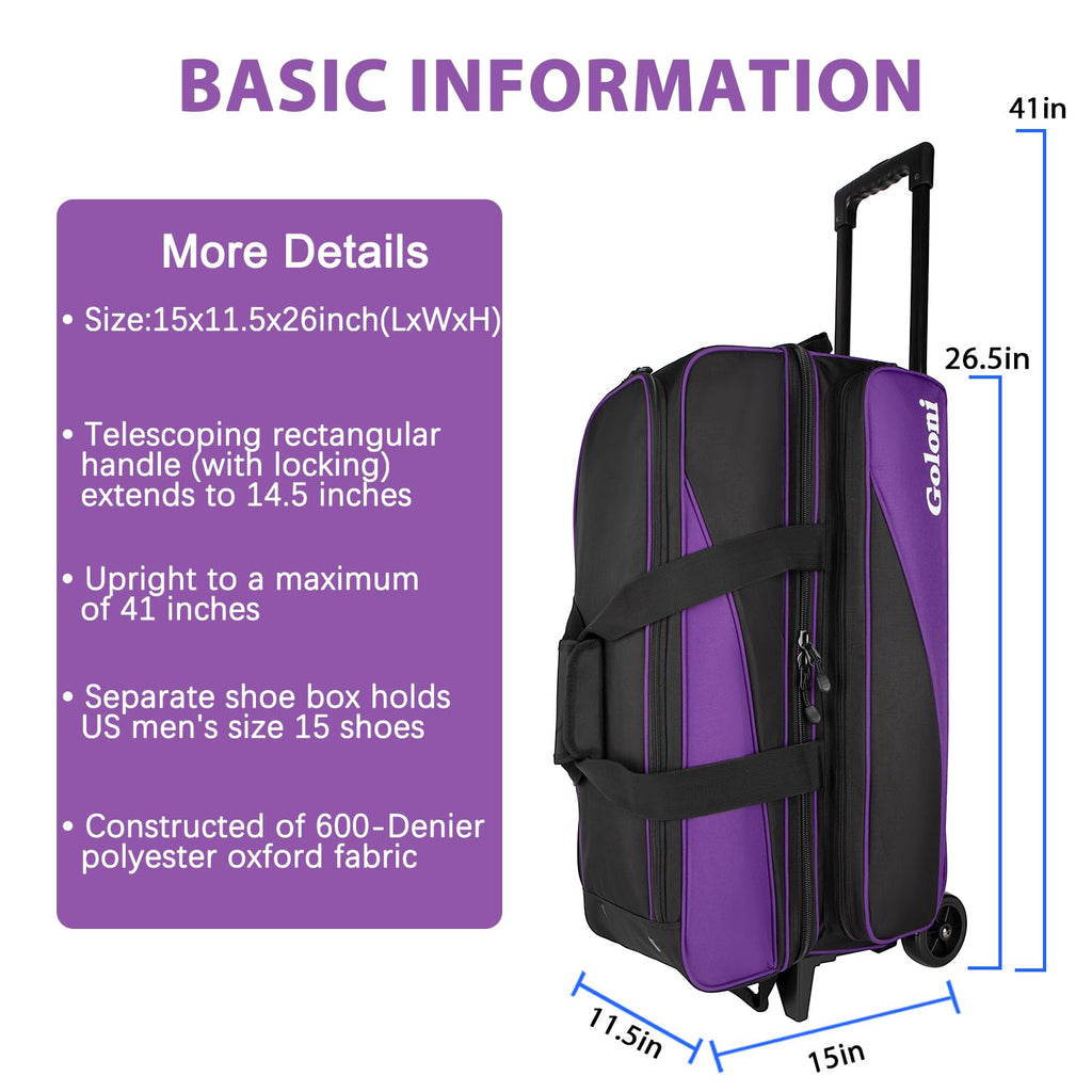 Goloni 3 Ball Bowling Bag with Wheels, Rolling Bowling Roller Bag with Retractable Handle for Balls & Bowling Accessories