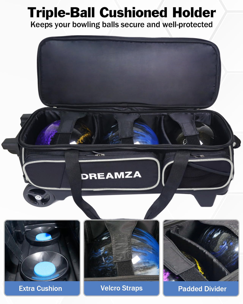 Premium 3 Ball Roller Bowling Bag with Wheels, Large Shoes Pocket