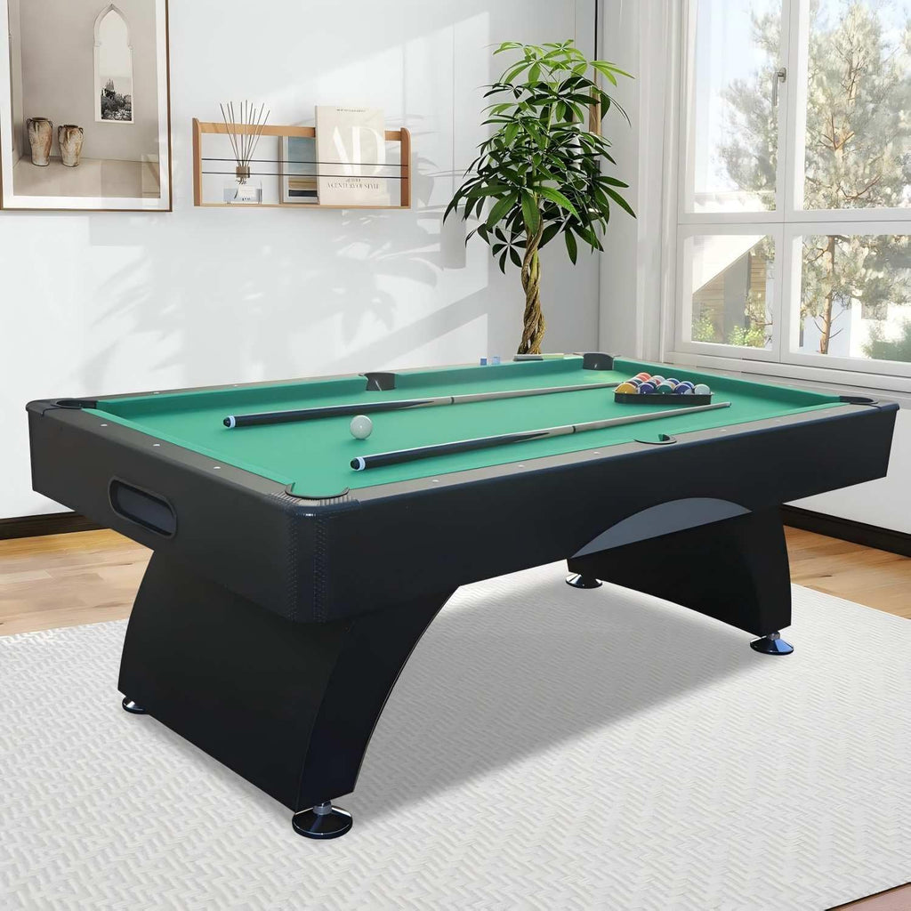 7FT Pool Table with Automatic Ball Return, Modern Arched-Leg Billiards Table with Durable Matte-Black Finish and Complete Accessories for Family Game Room & Recreation Space