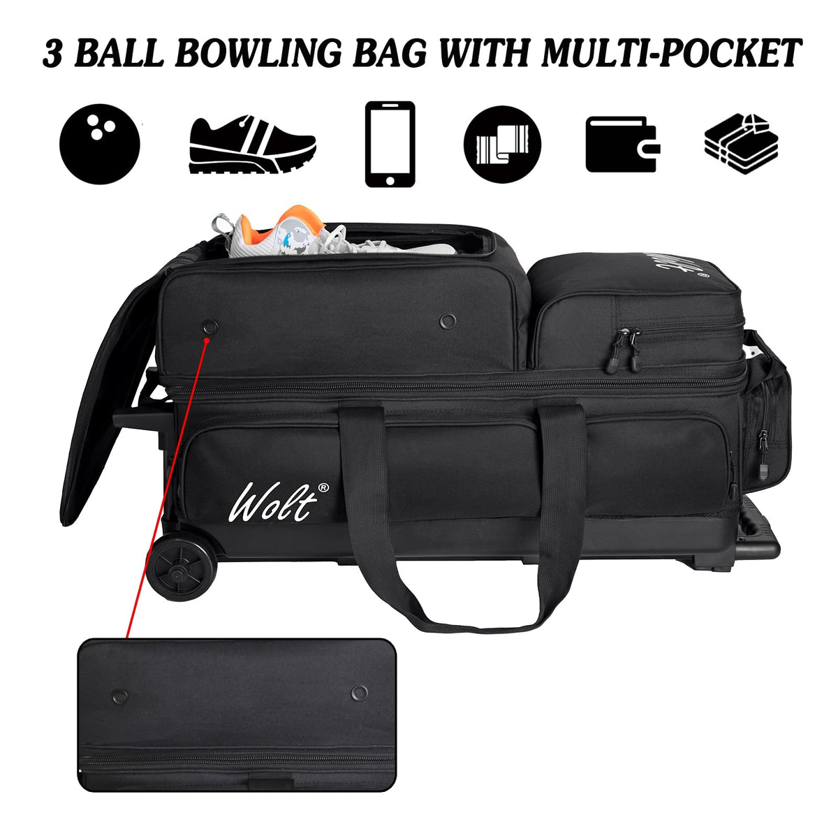WOLT 3 Ball Bowling Bags with Wheels,Retractable Handle Extends to 38ââ