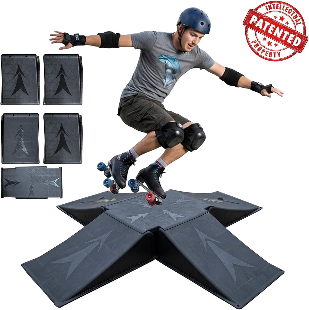 4+1 Mini Skate Ramp Set, Detachable 5-Piece Black PP Modular Ramp Kit with Large Center Plate, 220 lb Capacity, Portable Space-Saving Setup for Skateboard, Scooter, BMX and RC Play