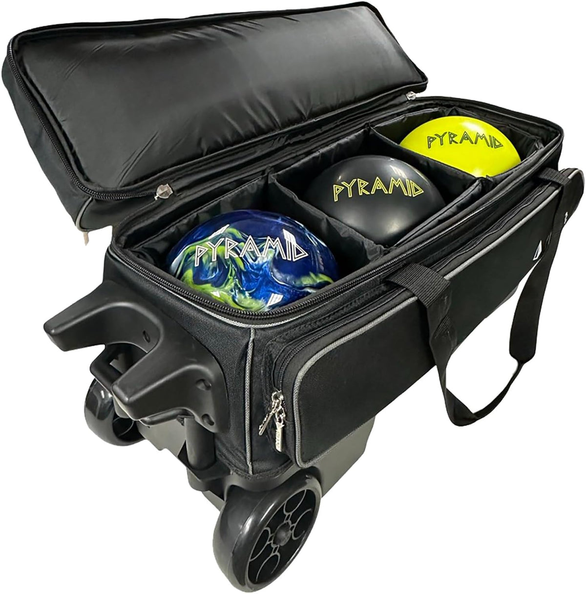 Pyramid Prime Triple Roller 3-Ball Bowling Bag with Extra Large Shoe Compartment (Fits Two Pairs of US Mens Size 15), Retractable Locking Handle (Extends to 41.5"), 1 Large Accessory Pocket, 5" Wheels