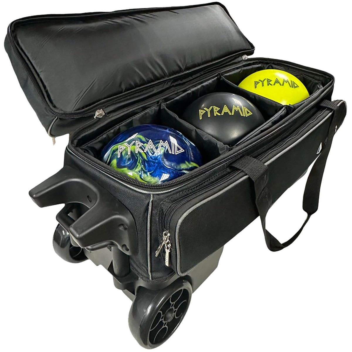 Pyramid Prime Triple Roller 3-Ball Bowling Bag with Extra Large Shoe Compartment (Fits Two Pairs of US Mens Size 15), Retractable Locking Handle (Extends to 41.5"), 1 Large Accessory Pocket, 5" Wheels