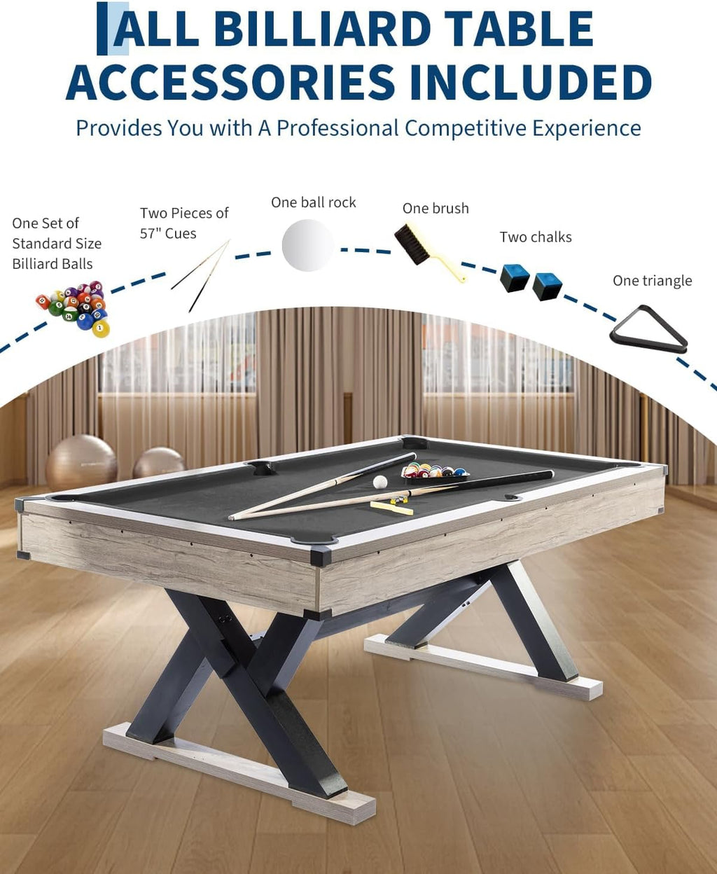 7 ft Pool Table Set, 84in Bar-Size Billiard Table w/Metal Support