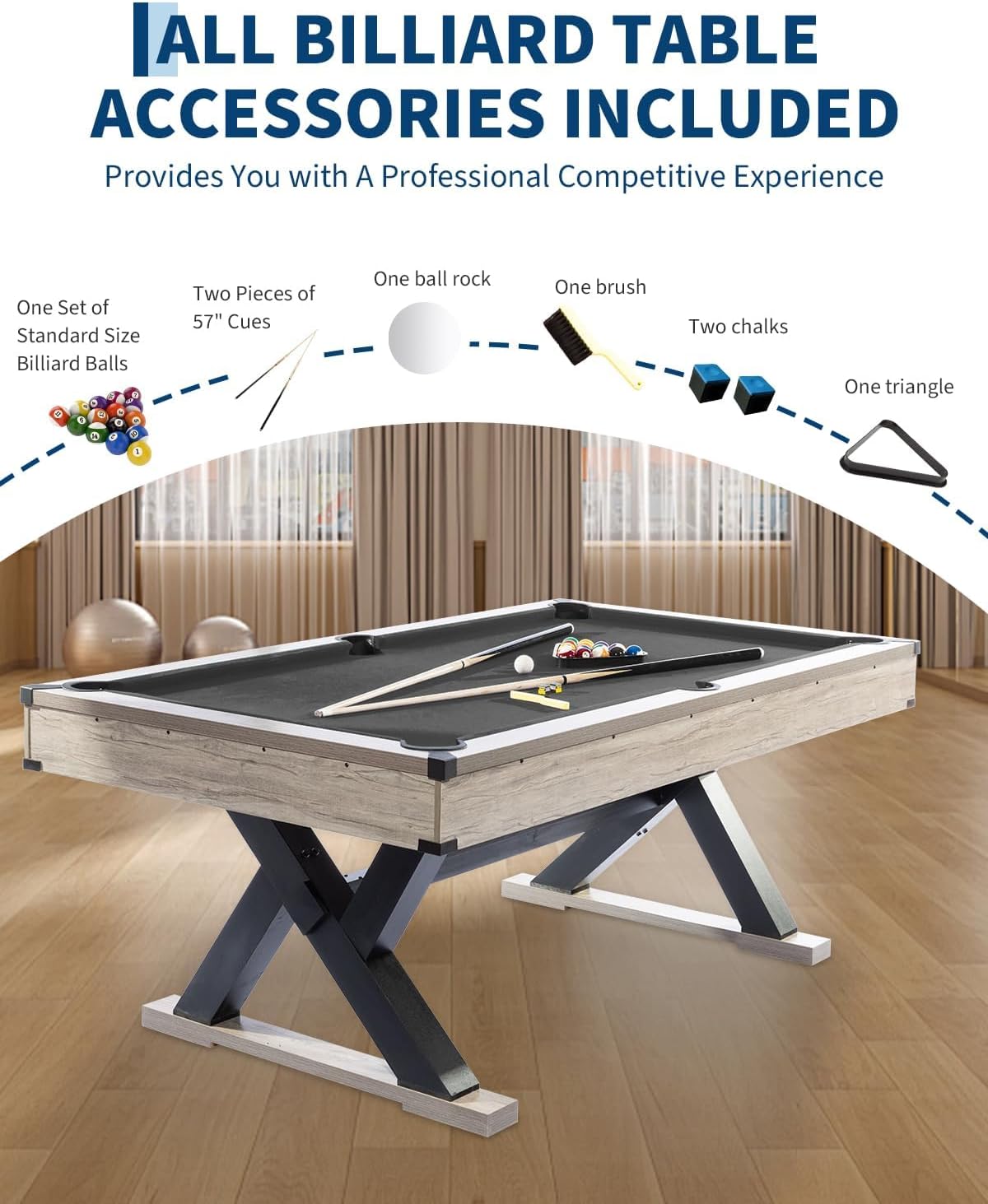 7 ft Pool Table Set, 84in Bar-Size Billiard Table w/Metal Support