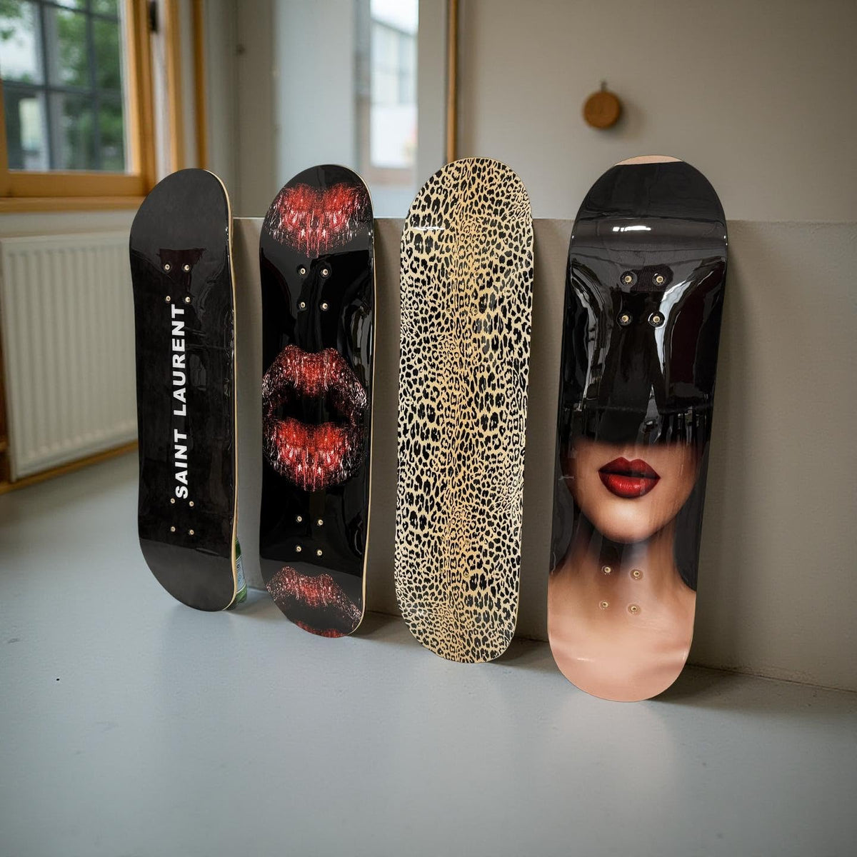 BDTrims 3 Pack Designer-Influenced Pop Art Skateboard Deck Set, Black White and Leopard Print, Premium 7-Ply Maple, Wall Decor, Customization Available