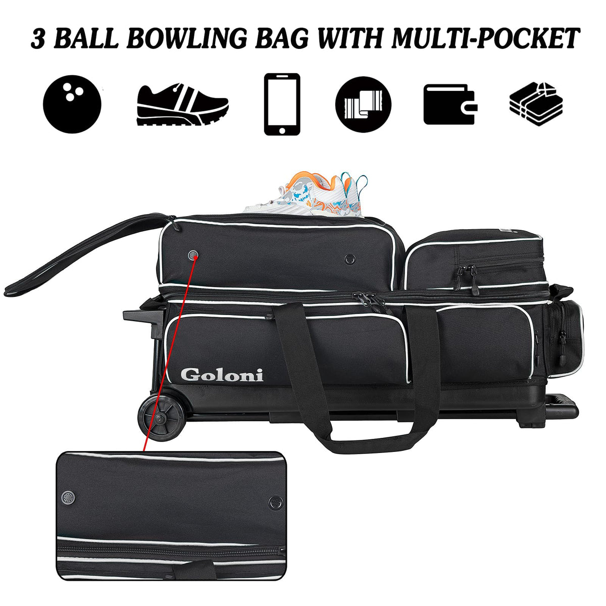 Goloni 3 Ball Bowling Bags with Wheels,Rolling Bowling Ball Bag for 3 Bowling Balls & Bowling Accessories -Retractable Handle Extends to 38"