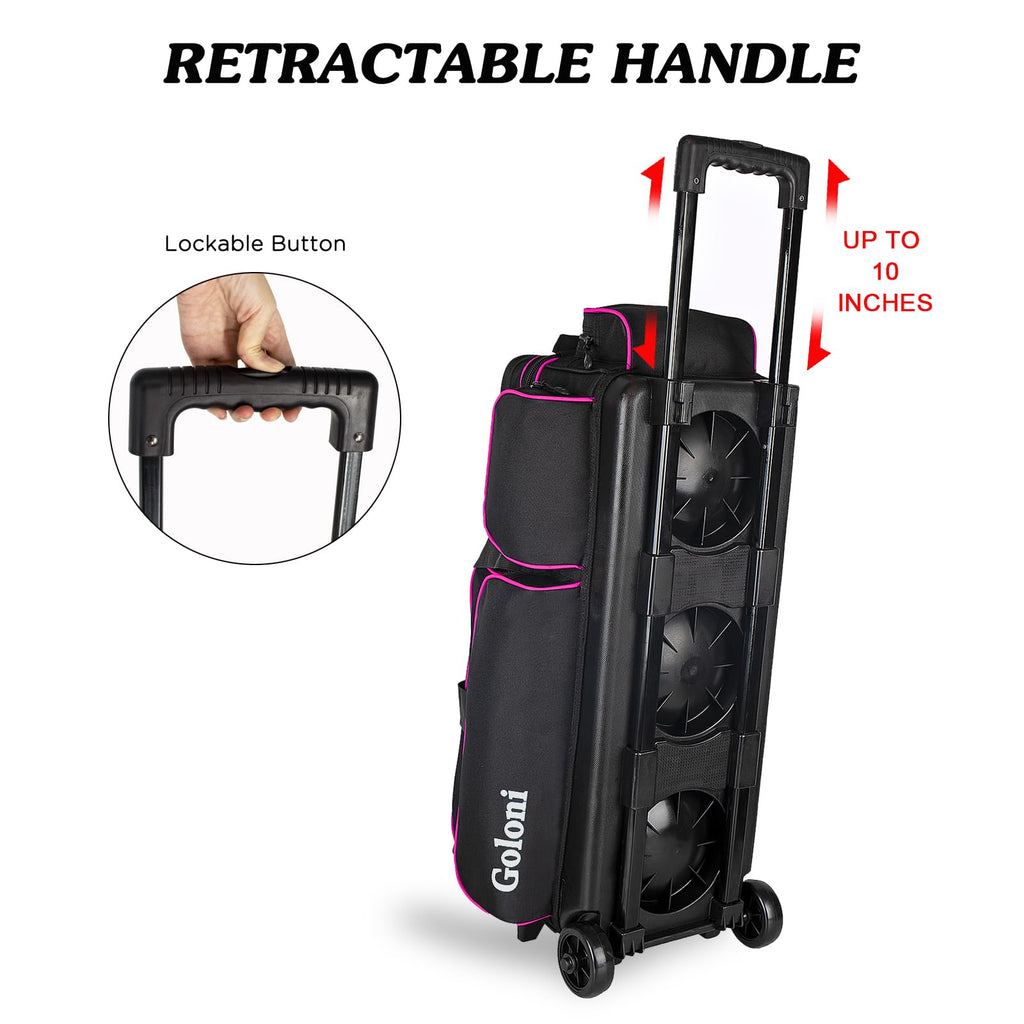 Goloni 3 Ball Bowling Bags with Wheels,Rolling Bowling Ball Bag for 3 Bowling Balls & Bowling Accessories -Retractable Handle Extends to 38"